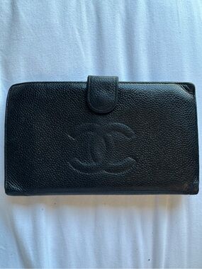 Authentic CHANEL Black Grained Calfskin Leather Long Wallet with Embossed CC
